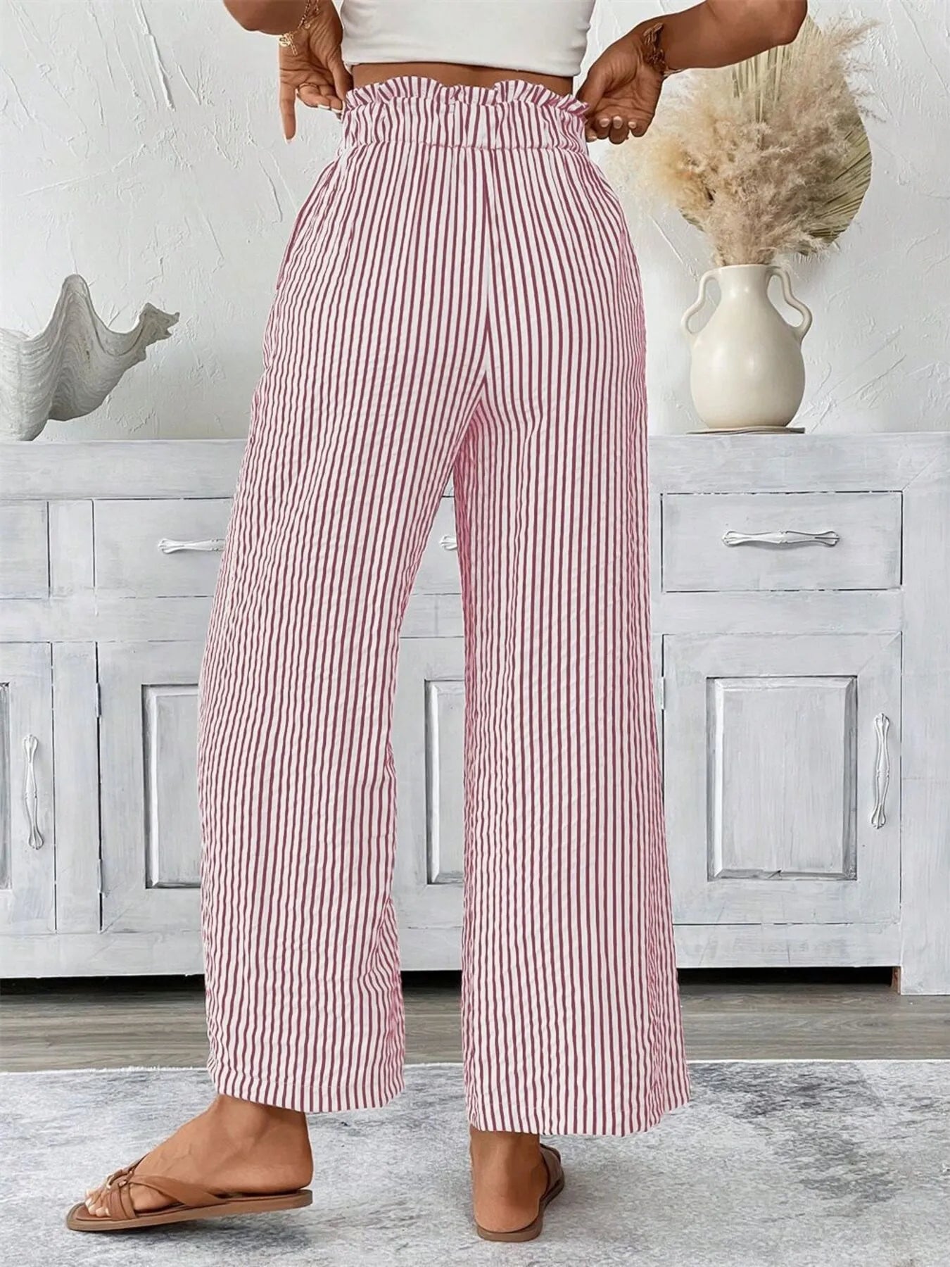 Full Size Striped Wide Leg Paper Bag Pants Plus Size OutfitFlow