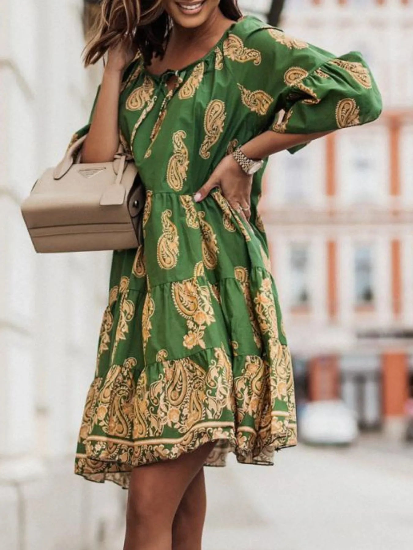 Paisley Print Tie Neck Half Sleeve Mini Dress OutfitFlow