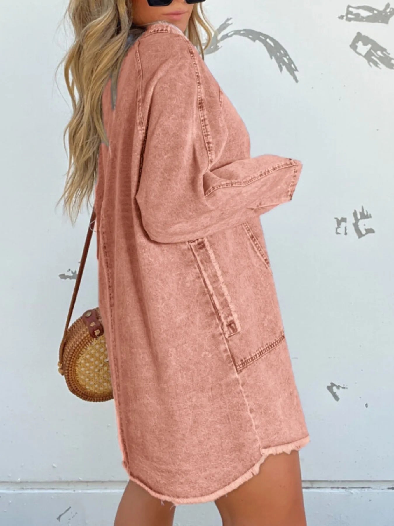 Full Size Button-Front Long Sleeve Denim Shirt Dress Plus Size OutfitFlow
