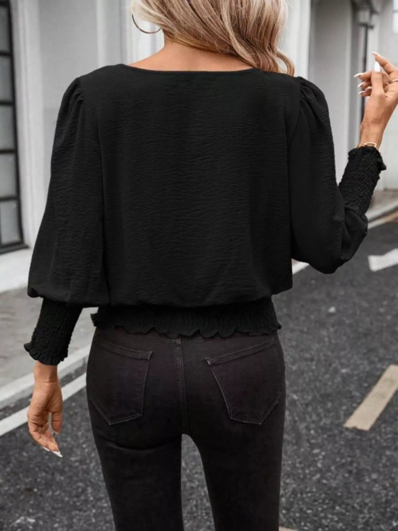 Smocked Waist Round Neck Blouse Trendsi