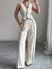 Contrast Trim V-Neck Vest and Pants Set OutfitFlow