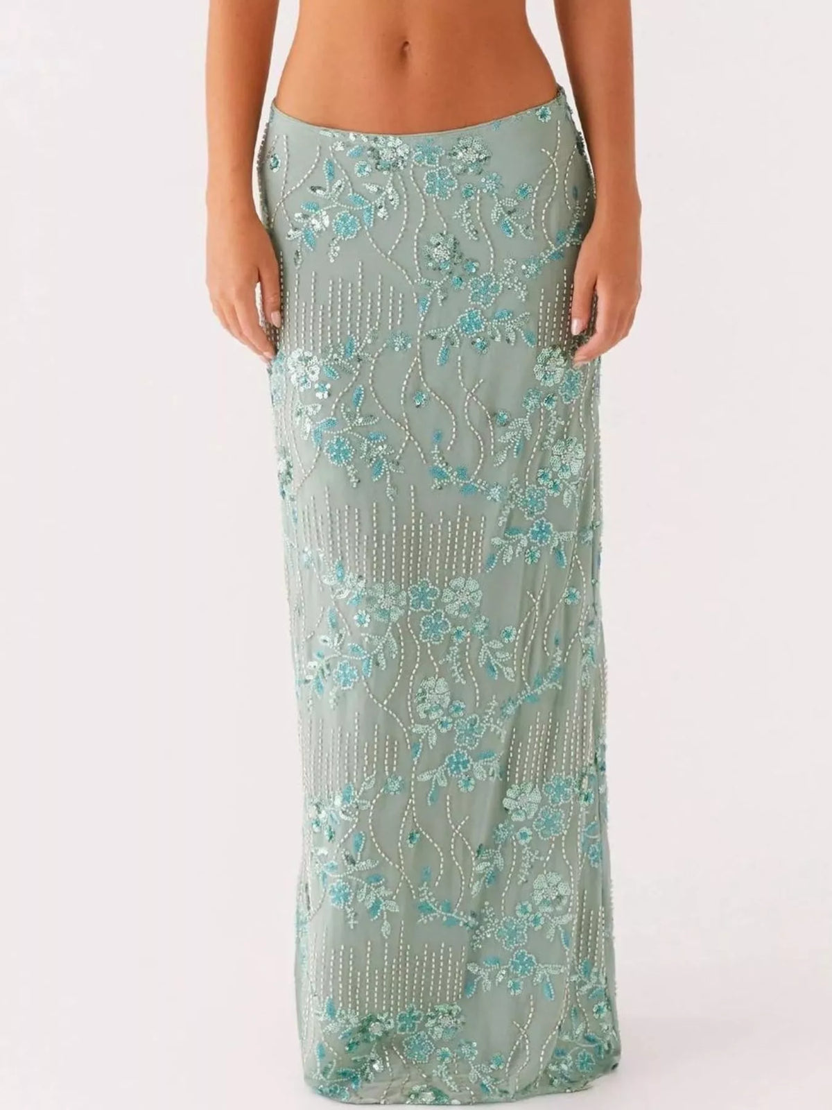 Embroidered Sequin Maxi Skirt Green OutfitFlow