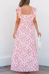 Floral Print Square Neck Ruffled Cap Sleeve Maxi Dress OutfitFlow