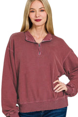 Zenana F/terry Pigment Dye & Enzyme Washing Half Zip Top OutfitFlow