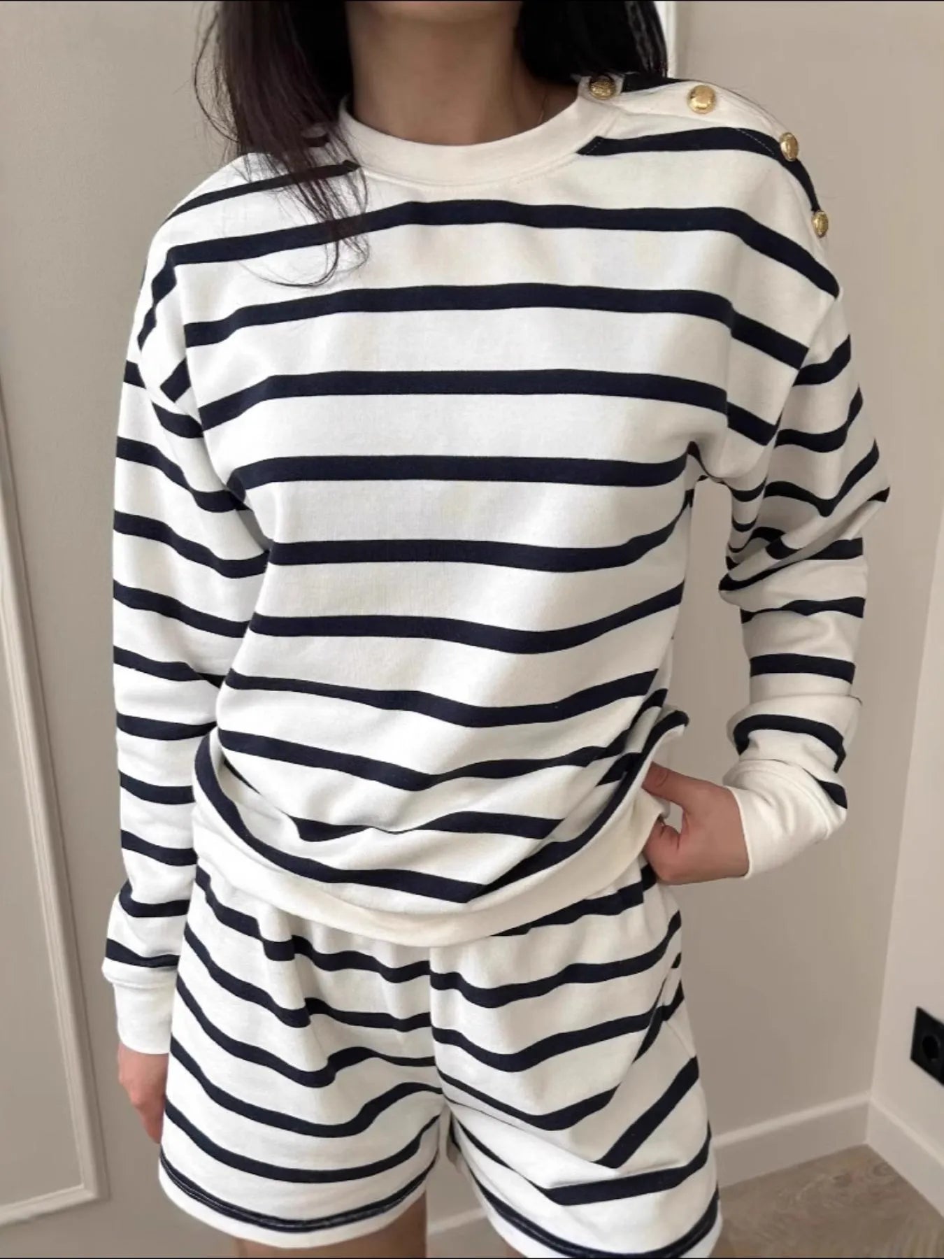 Striped Round Neck Top and Shorts Set OutfitFlow