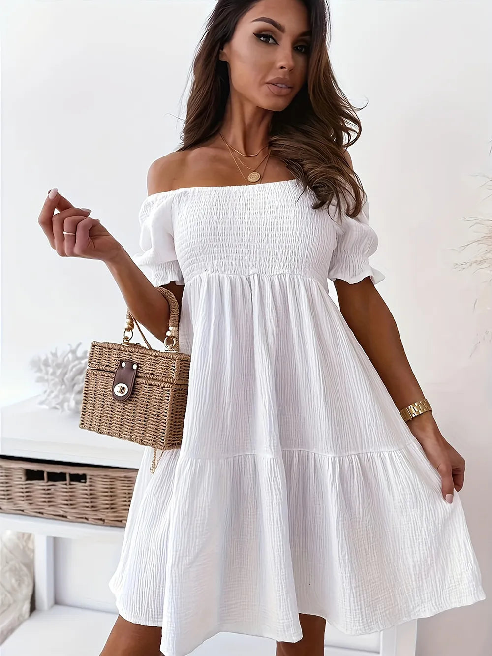 Full Size Ruffled Off-Shoulder Short Sleeve Dress White OutfitFlow