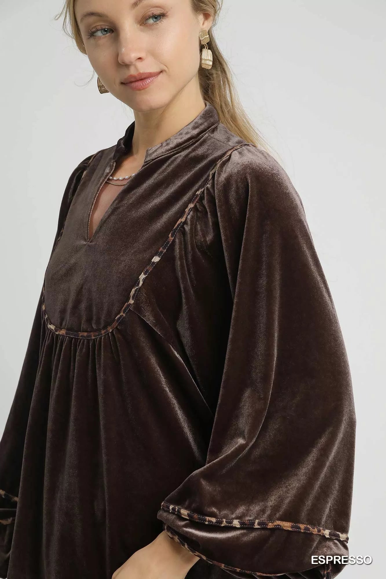 Umgee Velvet Long Sleeve Blouse with Contrast Trim OutfitFlow