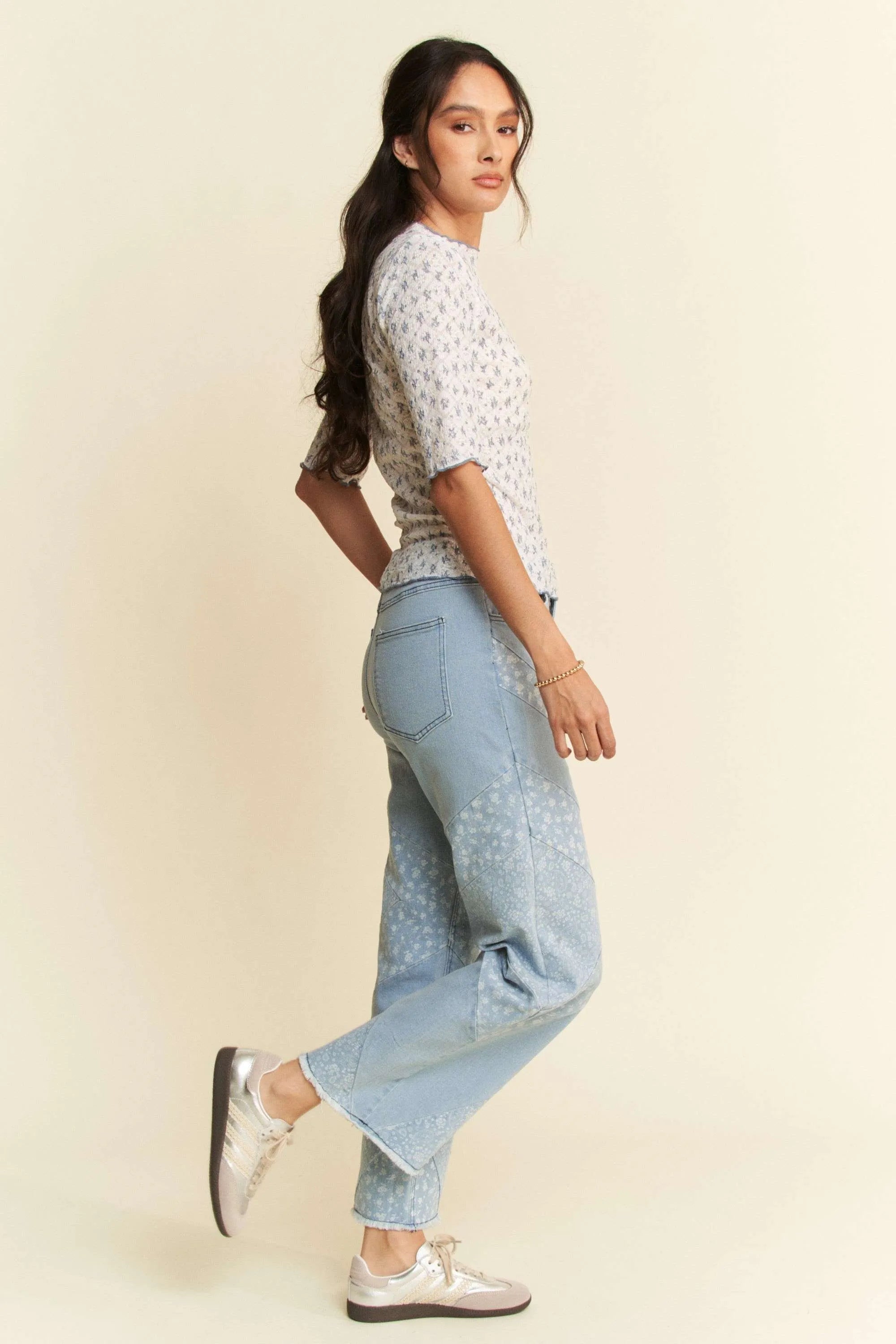 Davi & Dani Lace Stretch Floral Marrow Edge Half Sleeve Top OutfitFlow