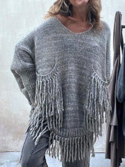 Fringe Detail Long Sleeve Sweater with Pockets