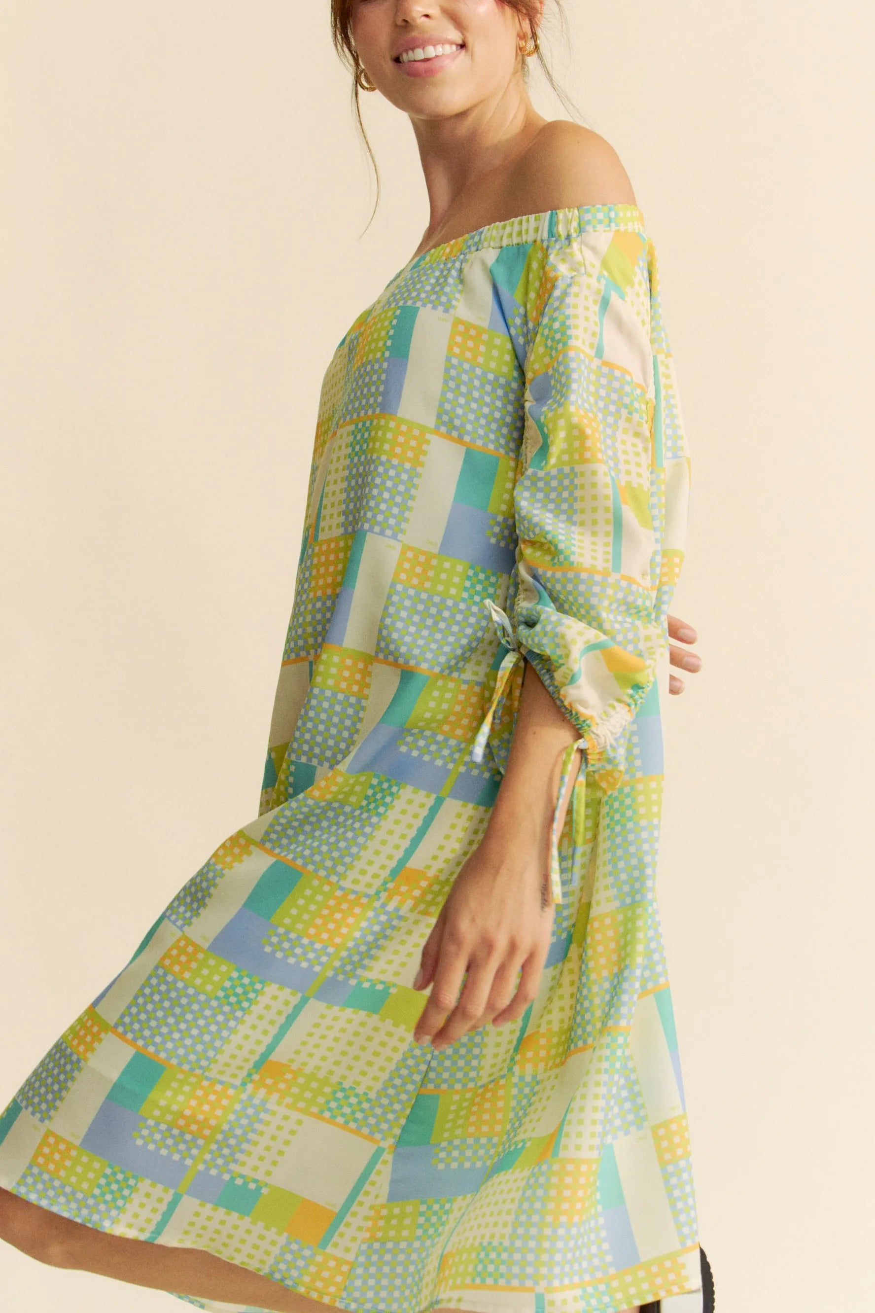 Davi & Dani Printed Off Shoulder Drawstring Sleeve Mini Dress OutfitFlow