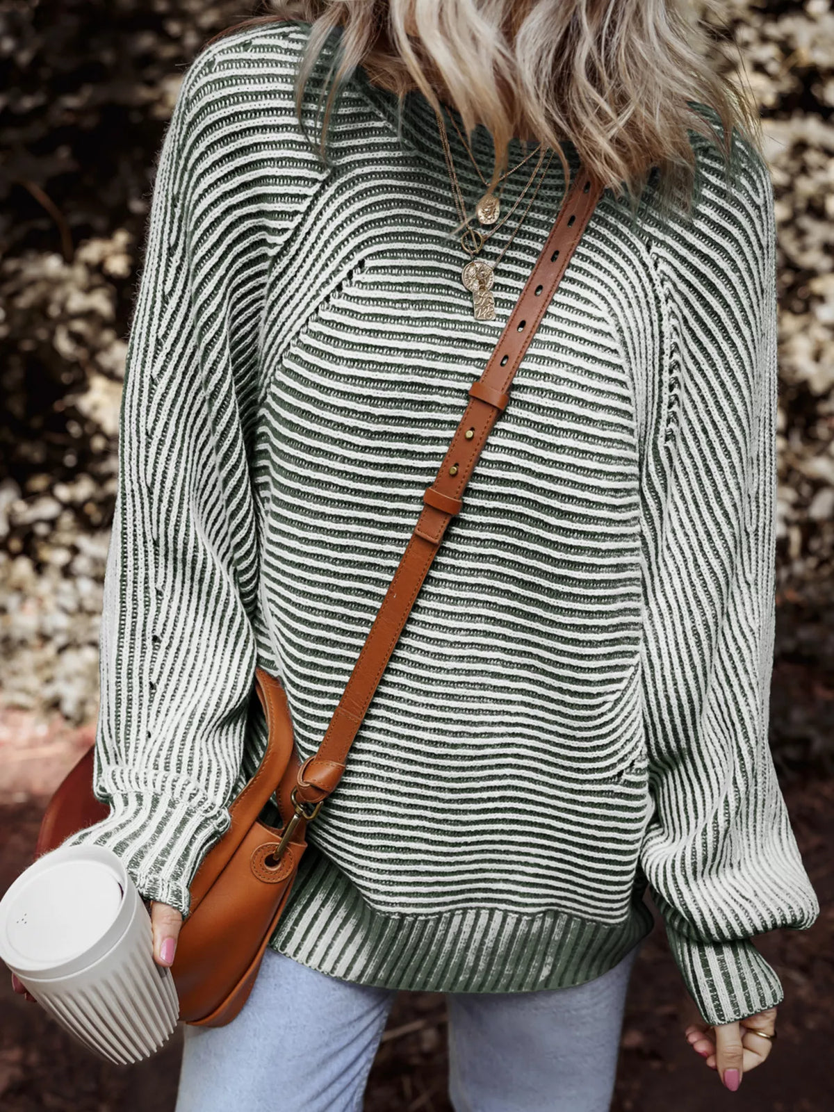 Striped Ribbed Knit Boat Neck Baggy Sweater Stripe OutfitFlow