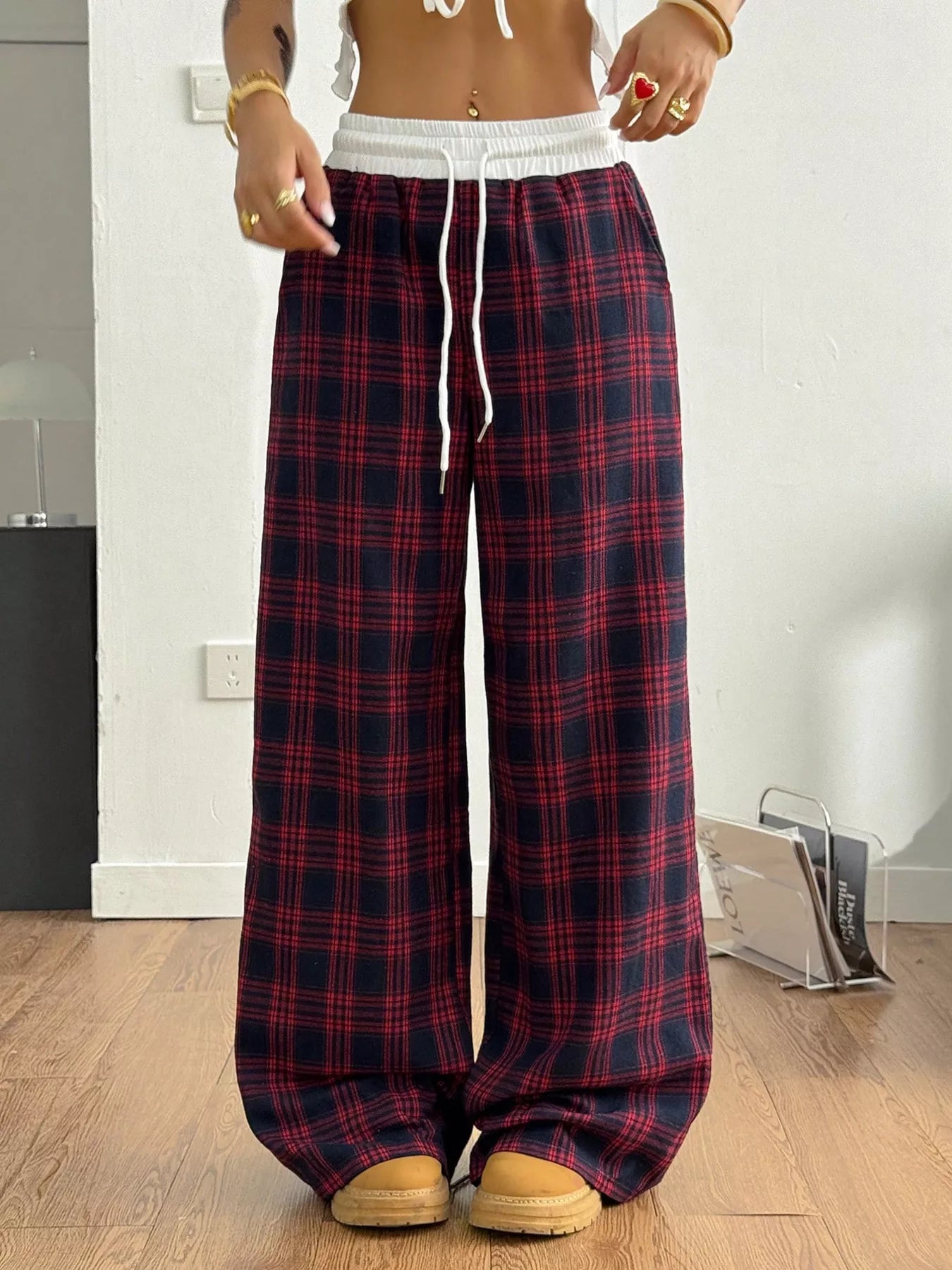 Plaid Wide-Leg Pants with Elastic Waistband OutfitFlow