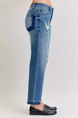 Judy Blue Full Size Mid Rise Bf Patch & Repair Destroy Release Hem Jeans Plus Size OutfitFlow