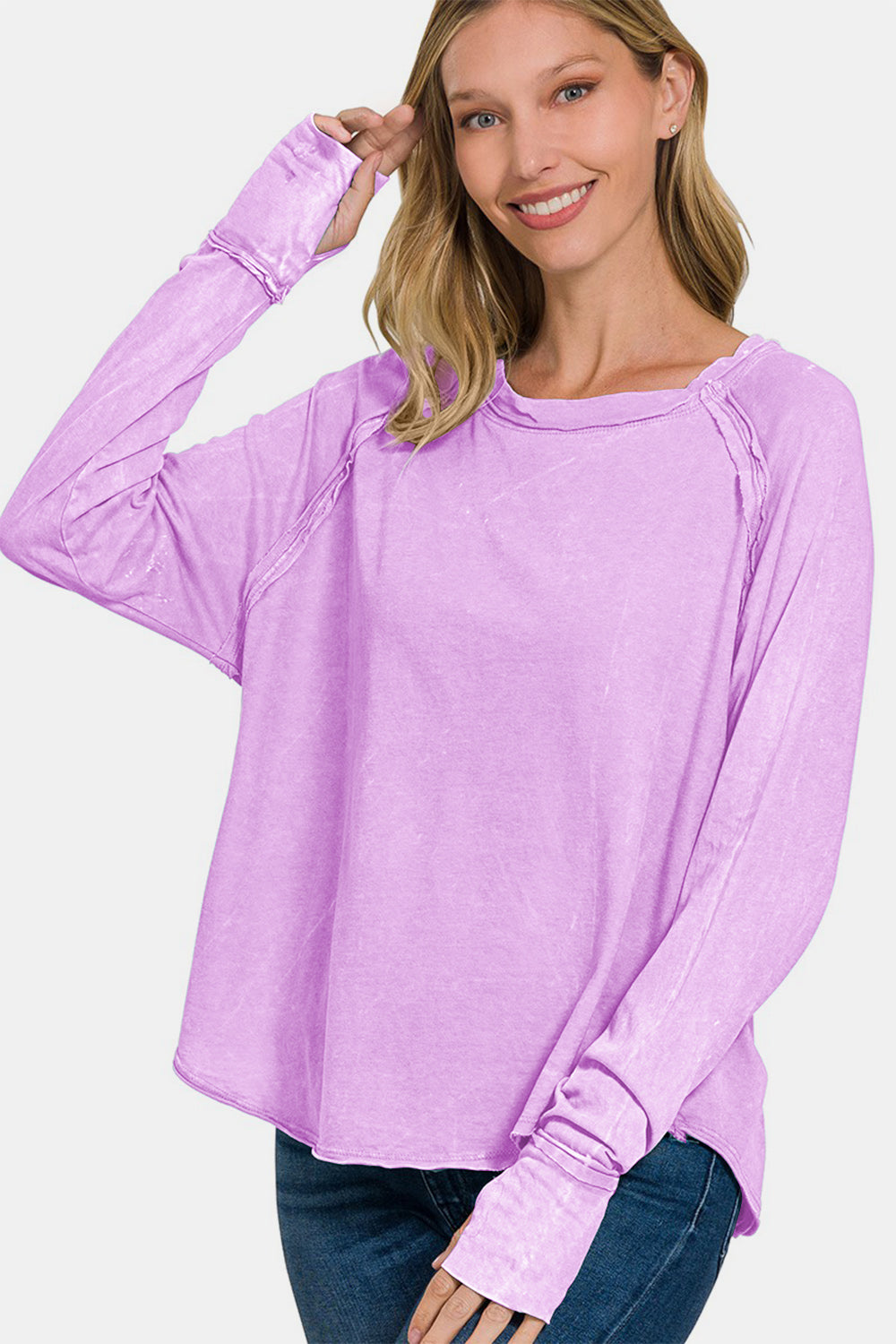 Outfit Flow - Zenana Round Neck Thumbhole Long Sleeve T-Shirt