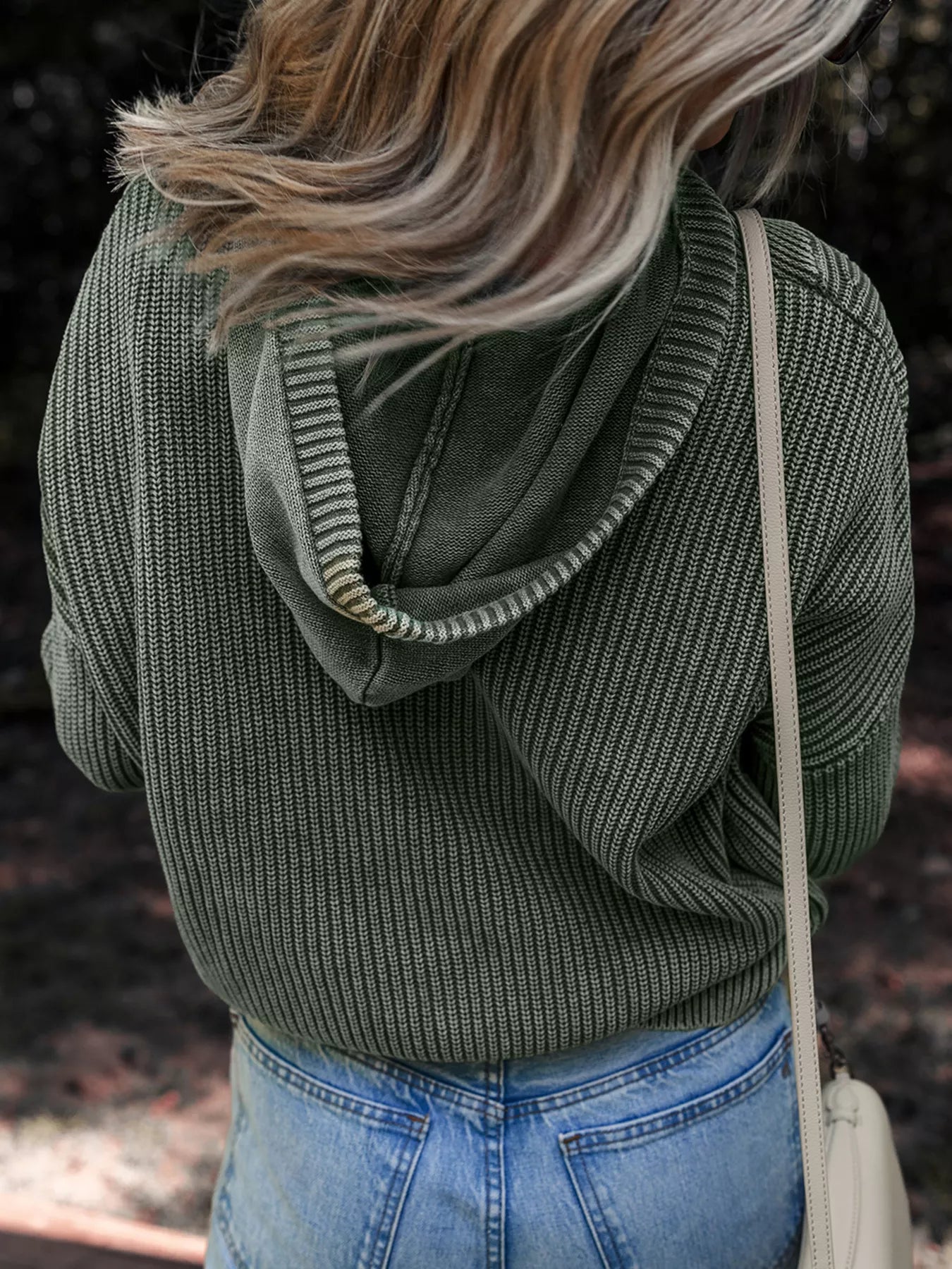 Mineral Wash Ribbed Knit Button Drawstring Neck Hooded Sweater OutfitFlow