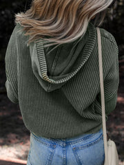 Mineral Wash Ribbed Knit Button Drawstring Neck Hooded Sweater OutfitFlow