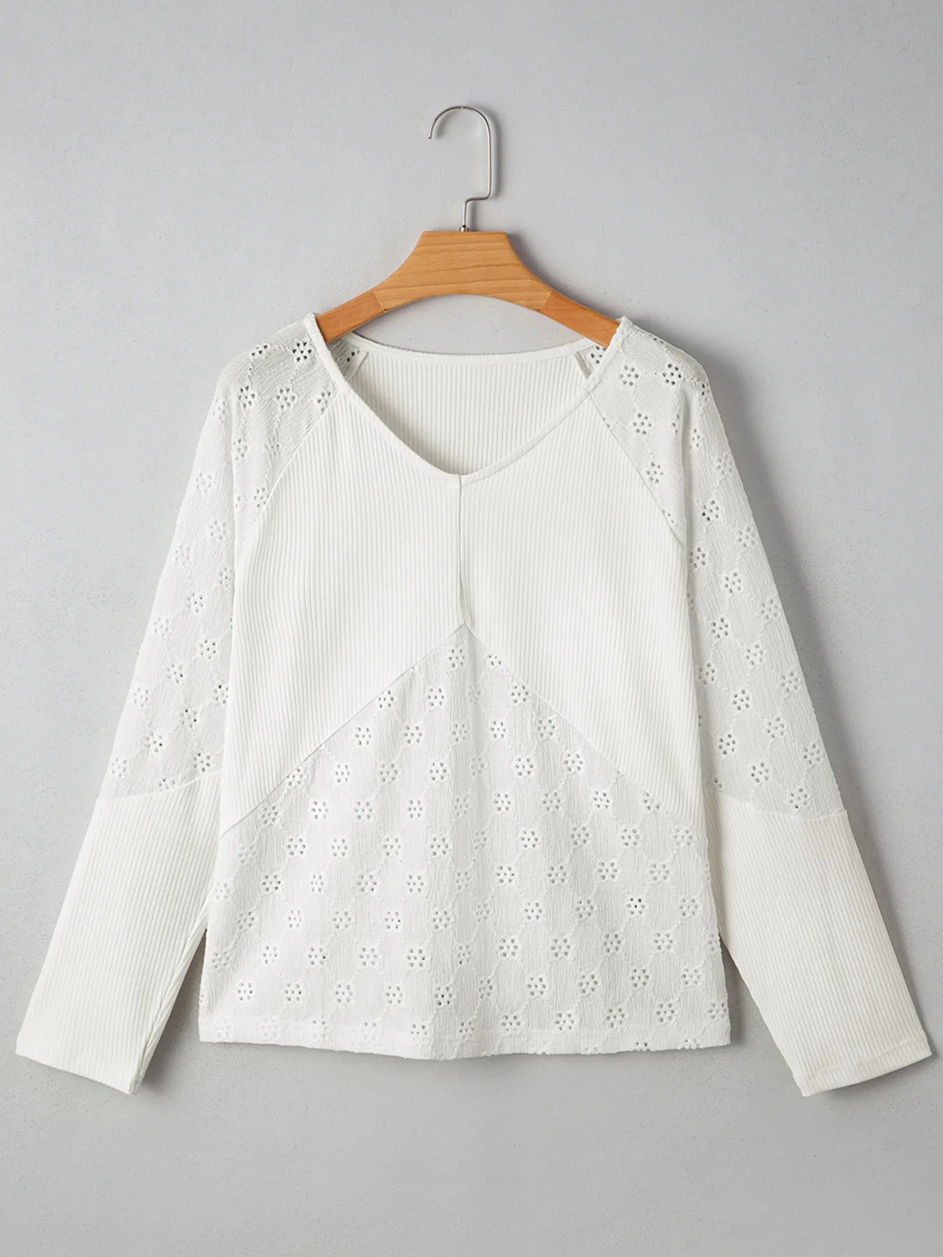 Eyelet Embroidered Loose V Neck Long Sleeve Top OutfitFlow