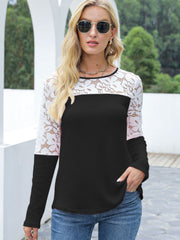 Outfit Flow - Waffle-Knit Lace Round Neck Long Sleeve T-Shirt