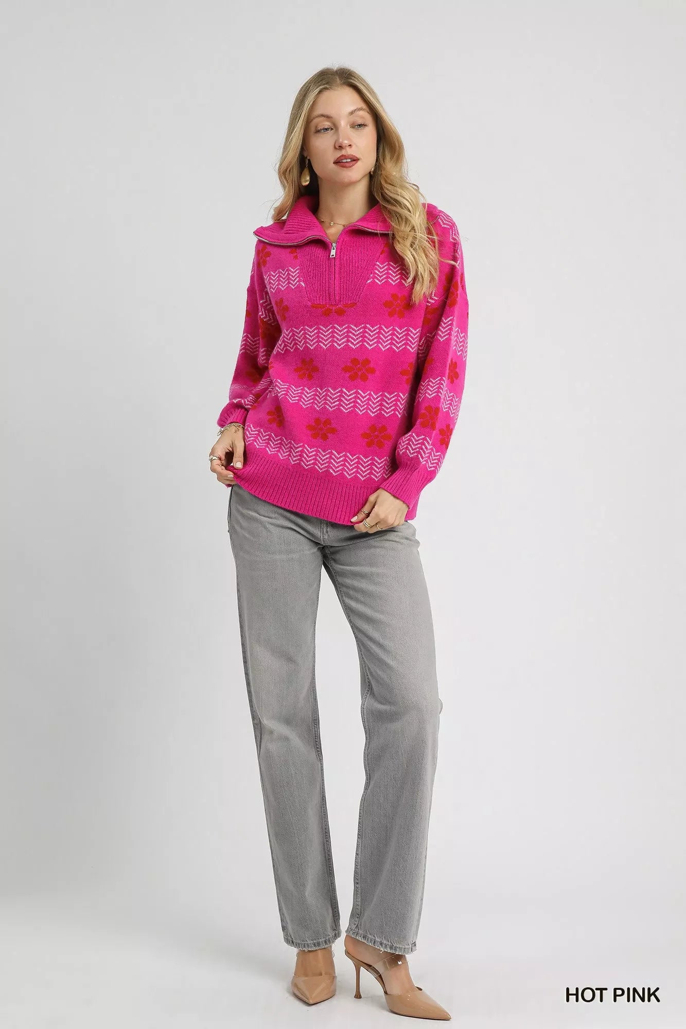 Umgee Floral Patterned Jacquard Quarter-Zip Pullover Sweater OutfitFlow