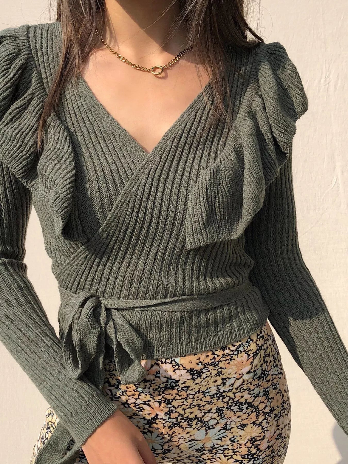 Ruffled Surplice Long Sleeve Knit Top OutfitFlow