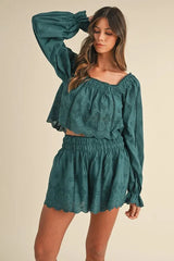 MABLE Embroidered Scalloped Lace Top and Short Set OutfitFlow