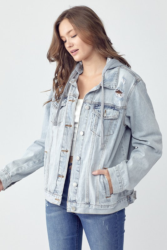 Outfit Flow - RISEN Full Size Distressed Drawstring Hooded Denim Jacket