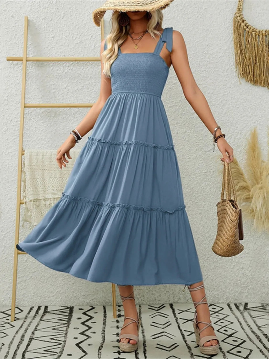 Smocked Tiered Midi Dress with Tie Straps OutfitFlow