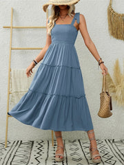 Smocked Tiered Midi Dress with Tie Straps OutfitFlow