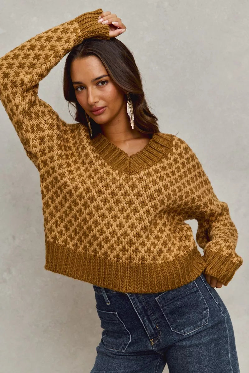SO ME Color Block Textured Christmas Sweater V Neck Top OutfitFlow