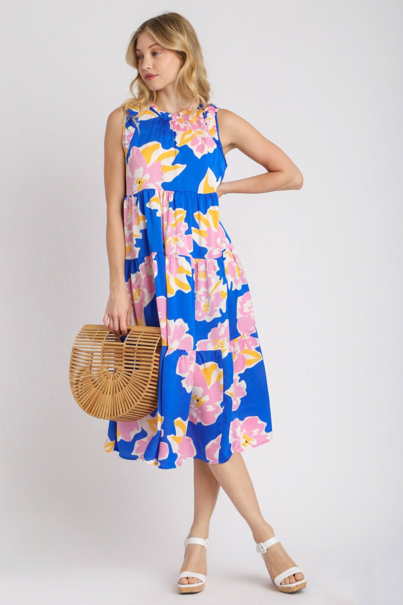 Umgee Full Size Floral Tiered Midi Tank Dress Plus Size Royal Blue OutfitFlow