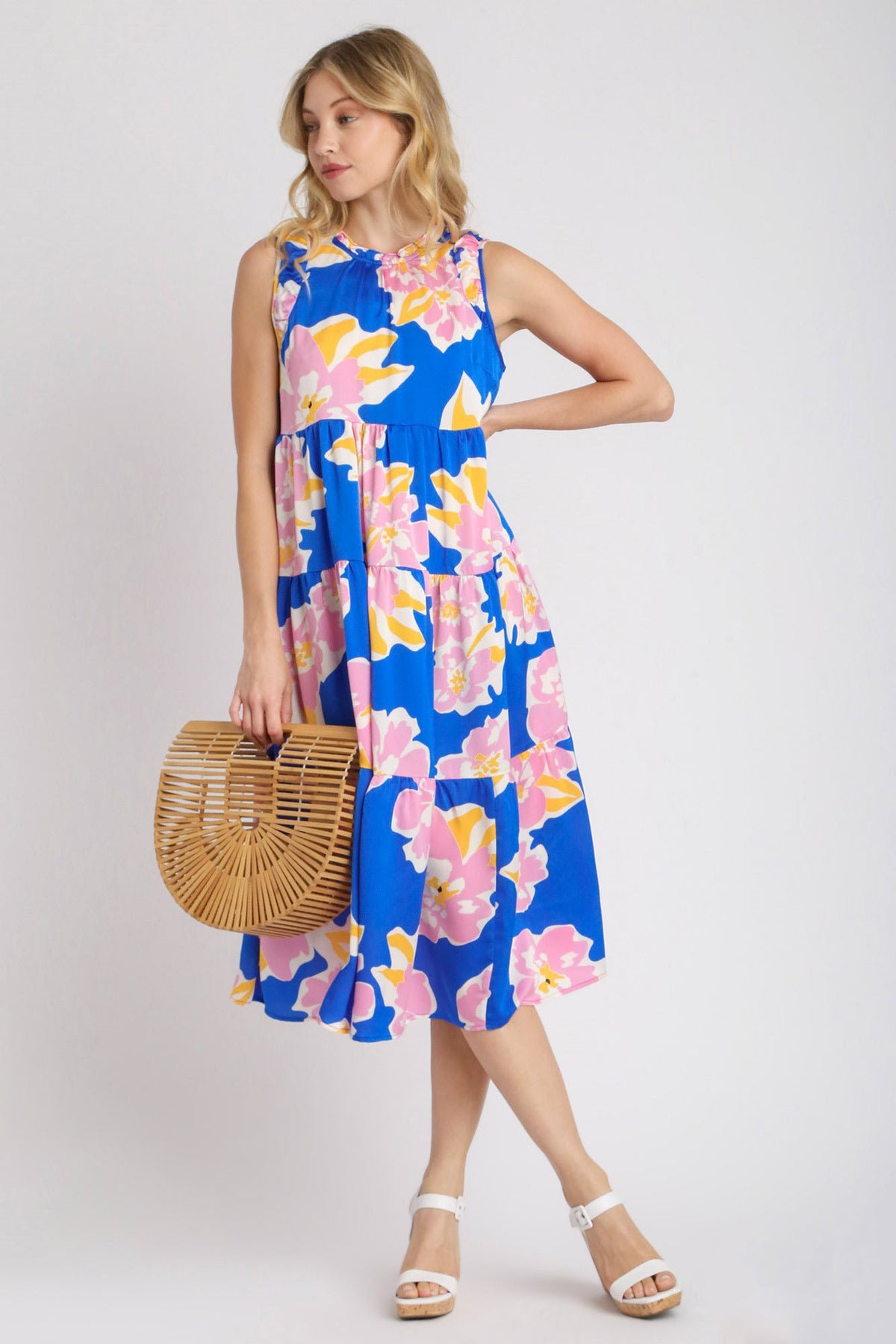 Umgee Full Size Floral Tiered Midi Tank Dress Plus Size Royal Blue OutfitFlow