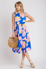 Umgee Full Size Floral Tiered Midi Tank Dress Plus Size Royal Blue OutfitFlow