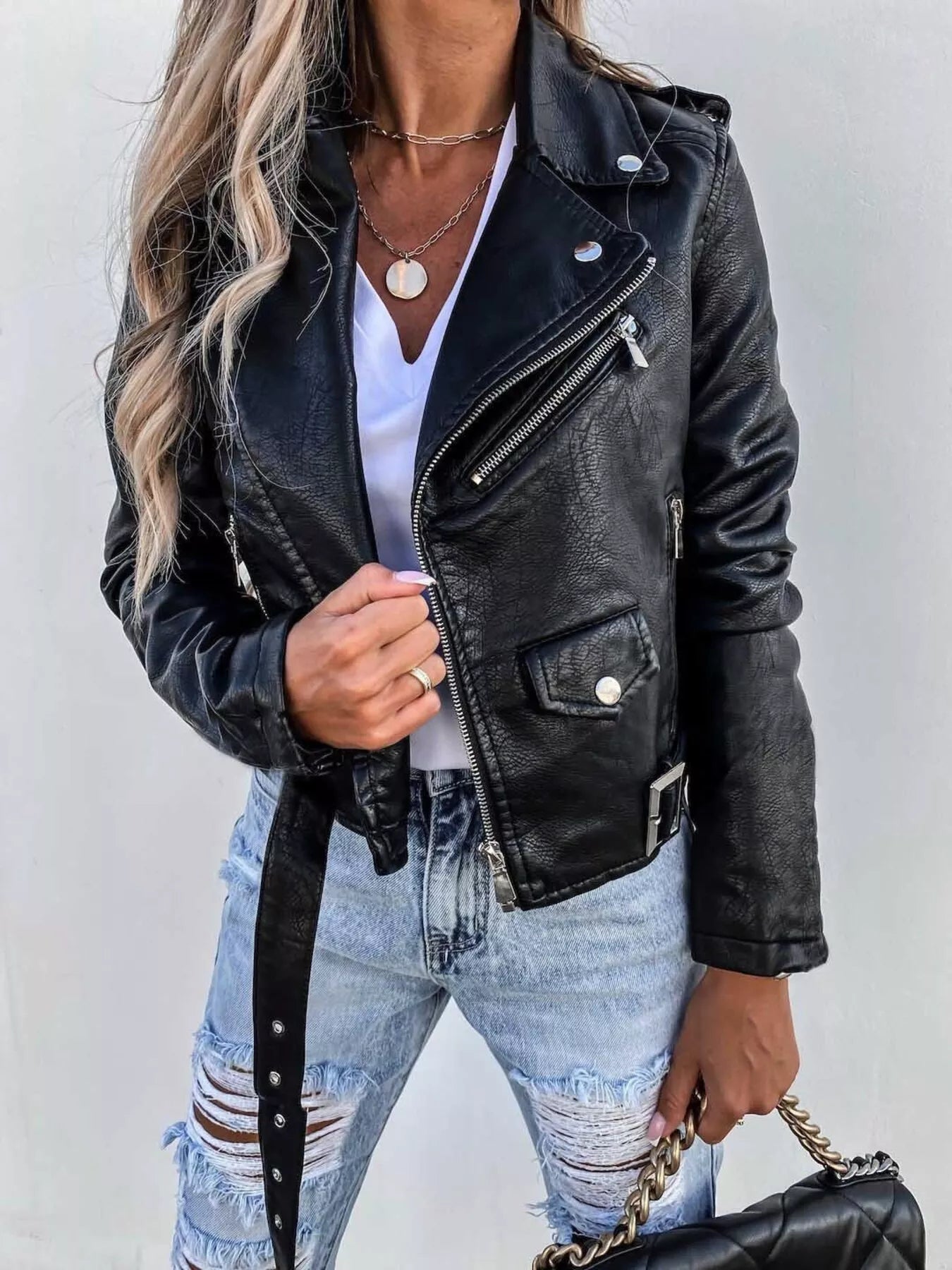 Full Size Zip Up Leather Motorcycle Biker Jacket Plus Size OutfitFlow