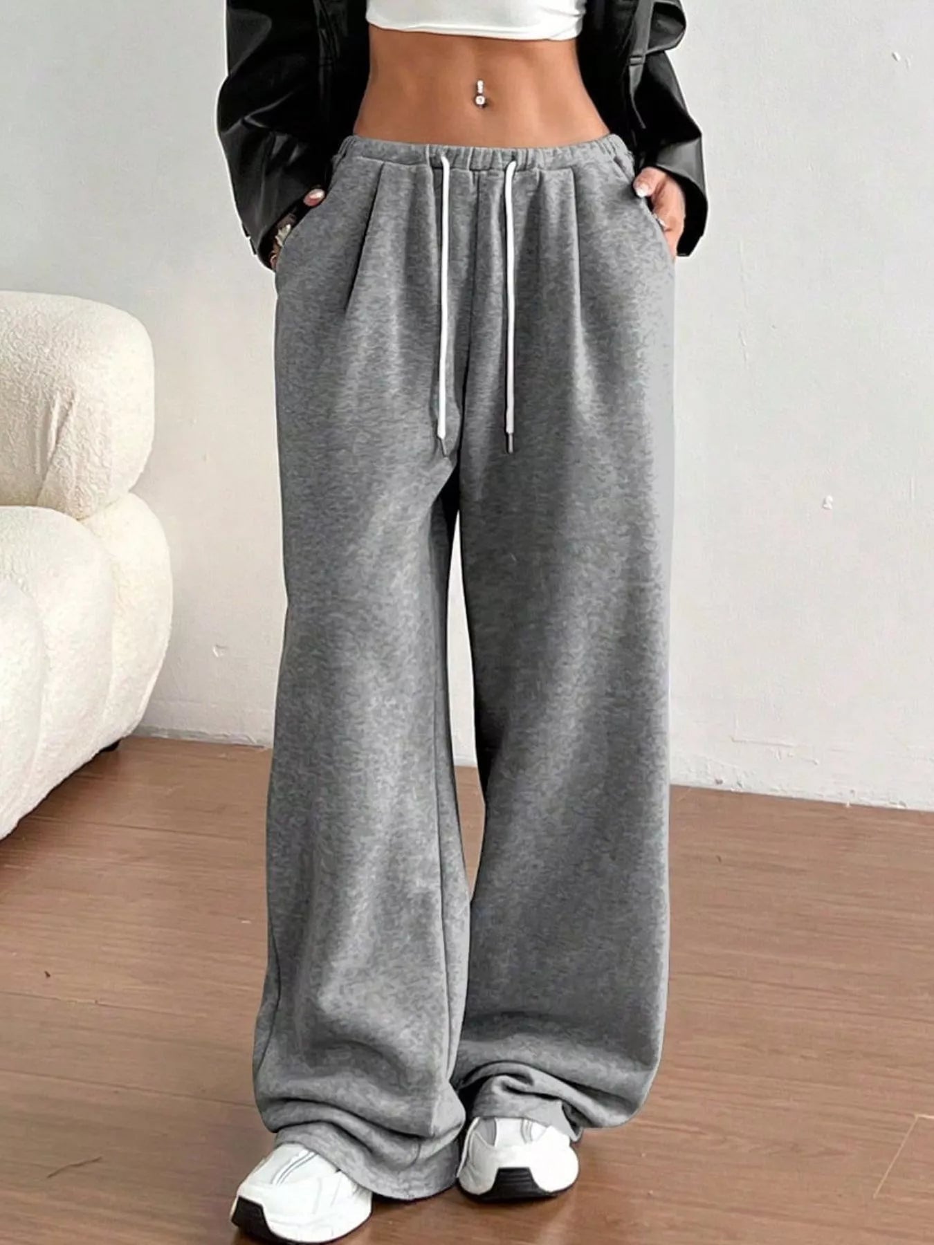 Casual Drawstring High Waist Wide Leg Sweatpants Gray OutfitFlow