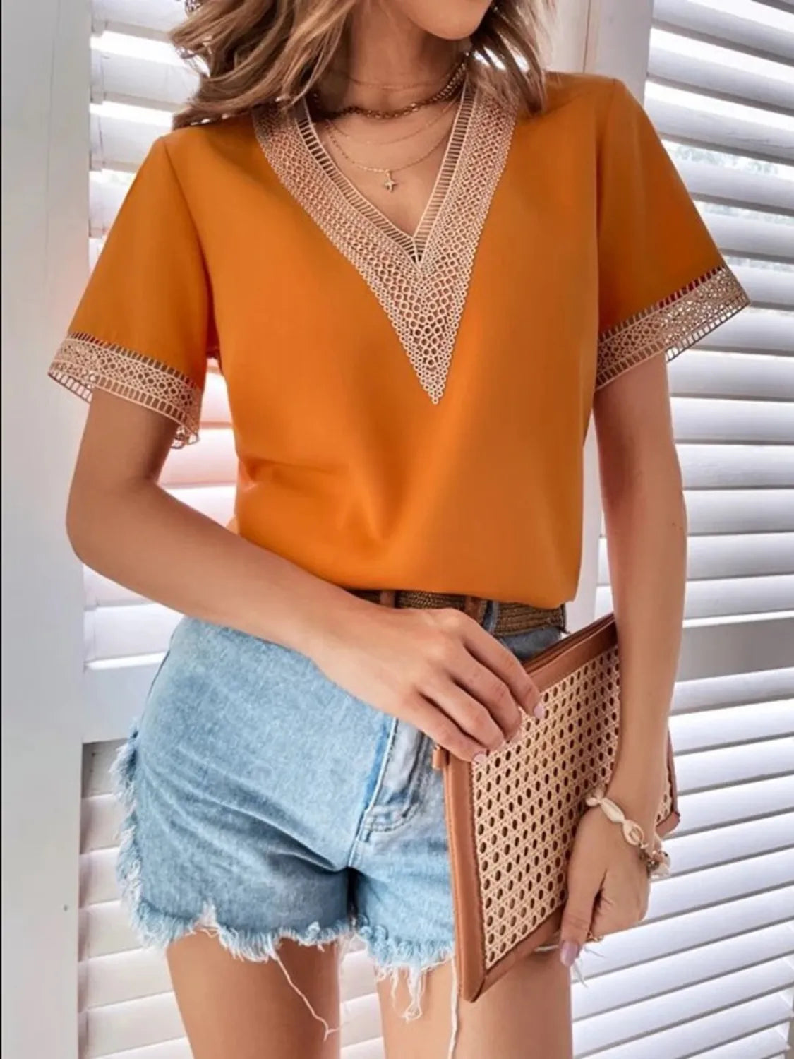 Full Size Contrast V-Neck Short Sleeve Blouse Plus Size Orange OutfitFlow