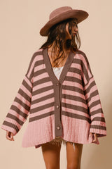 Outfit Flow - BiBi Slit Striped V-Neck Button Up Cardigan