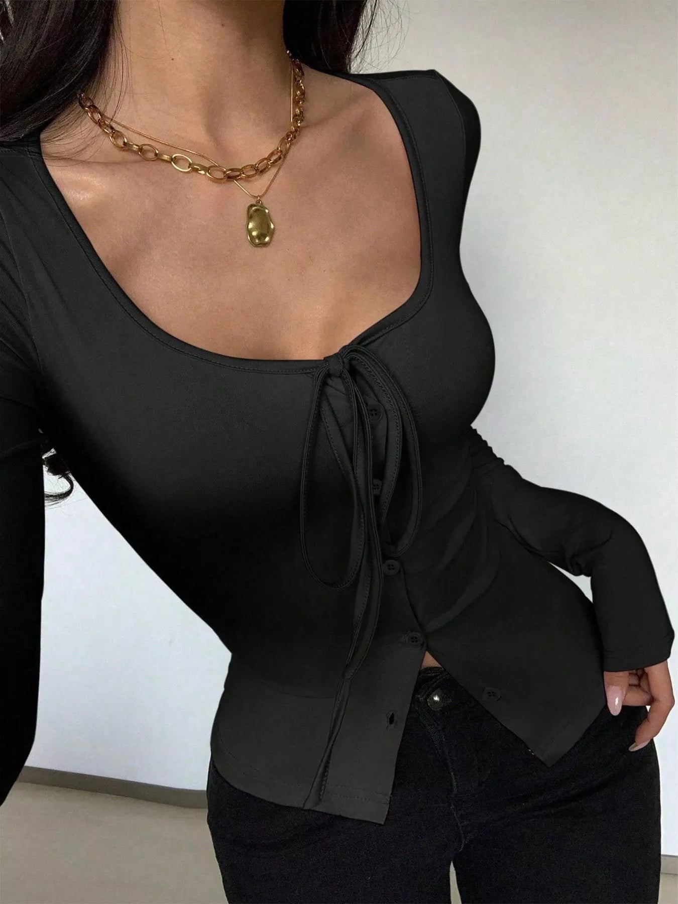 Long Sleeve Scoop Neck Tie Front T-Shirt OutfitFlow