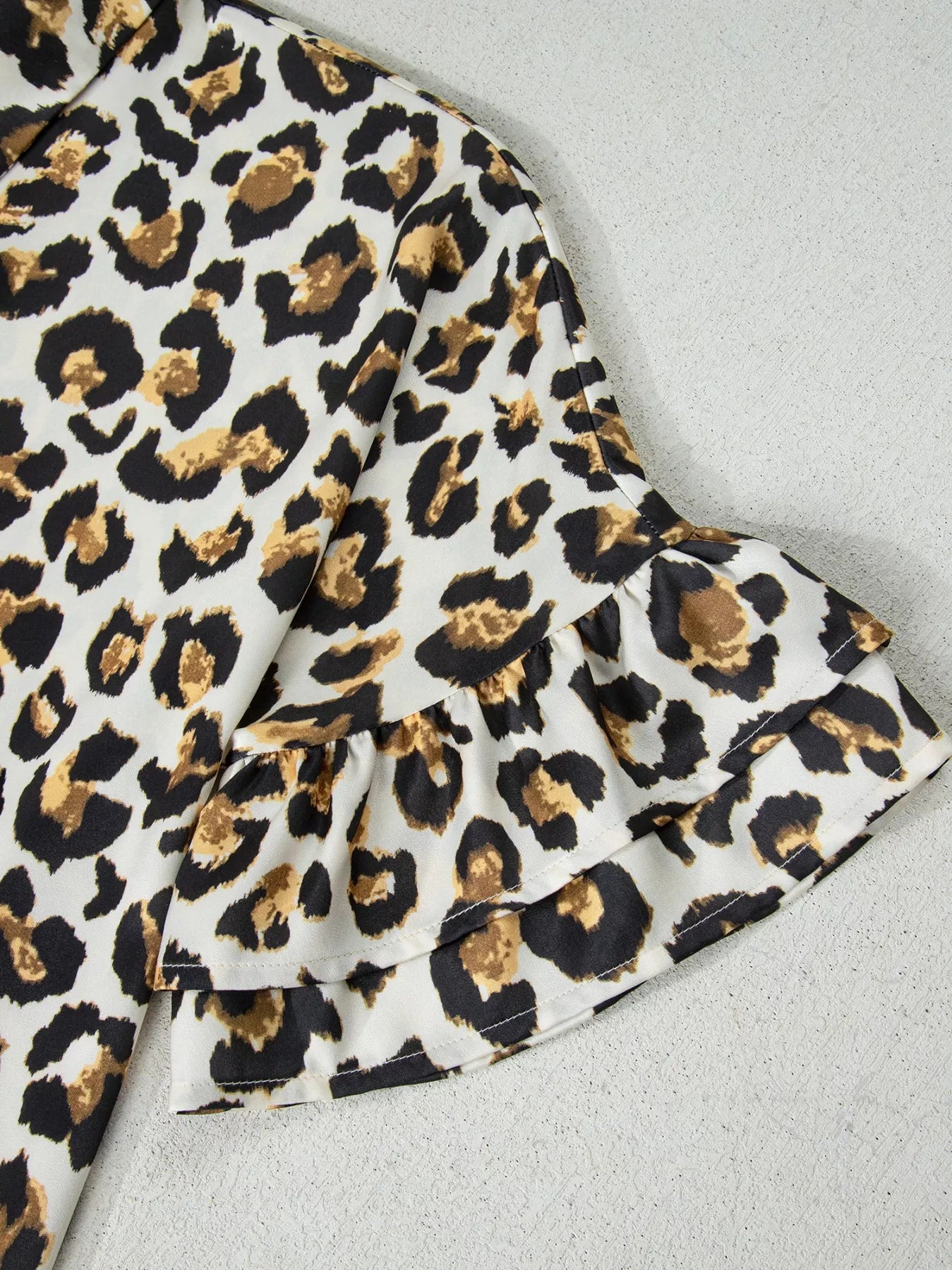 Leopard Print Ruffle Trim 3/4 Sleeve Loose Shirt Trendsi