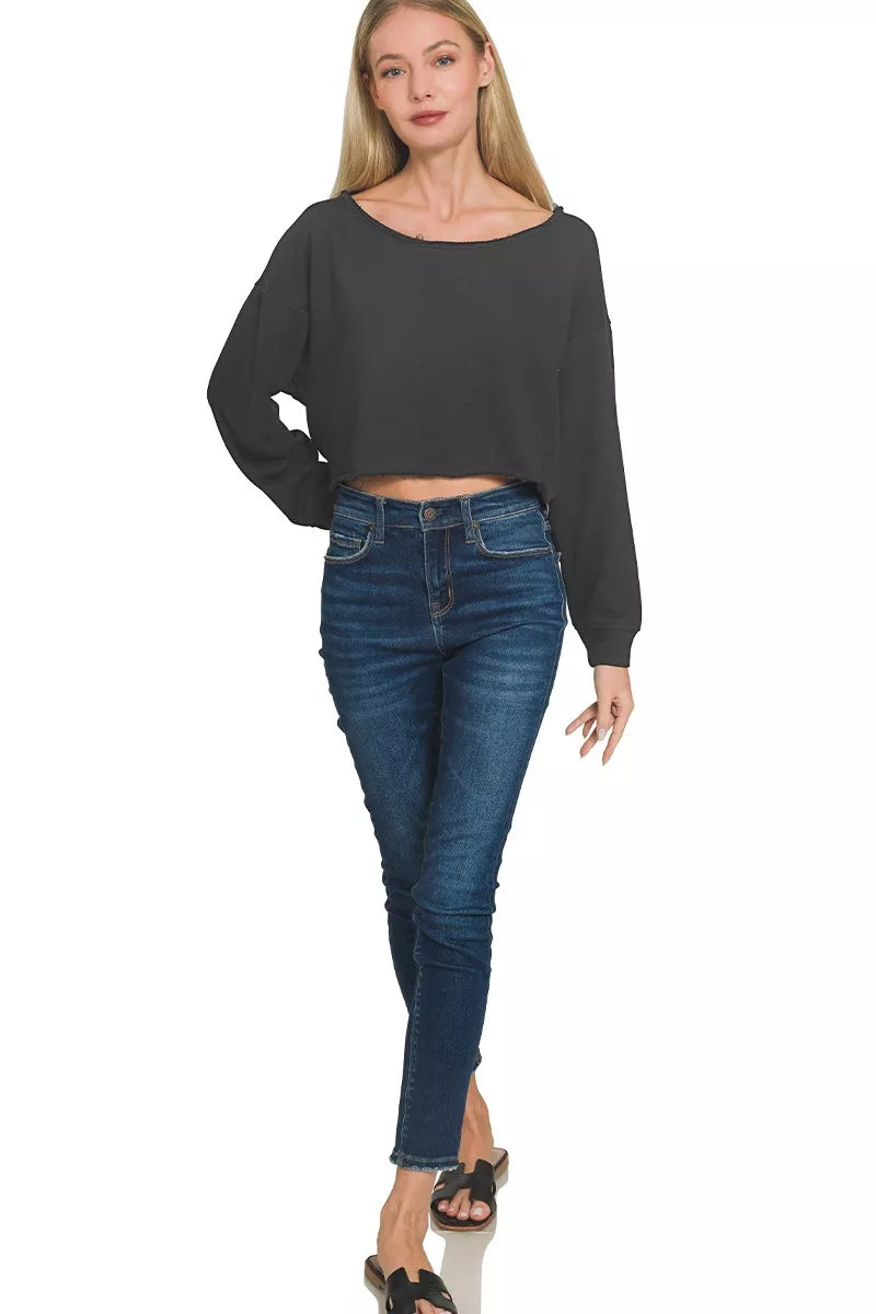 Zenana French Terry Boatneck Crop Top OutfitFlow