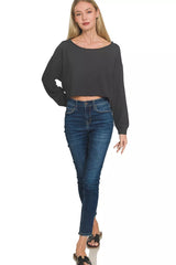 Zenana French Terry Boatneck Crop Top OutfitFlow