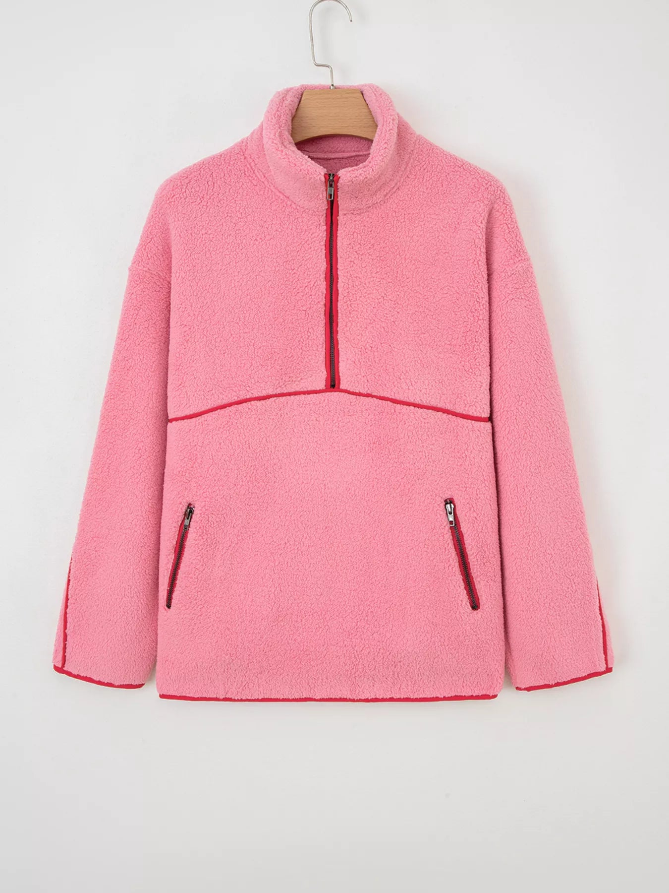 Sherpa Contrast Faux Leather Trim Half Zip Sweatshirt OutfitFlow