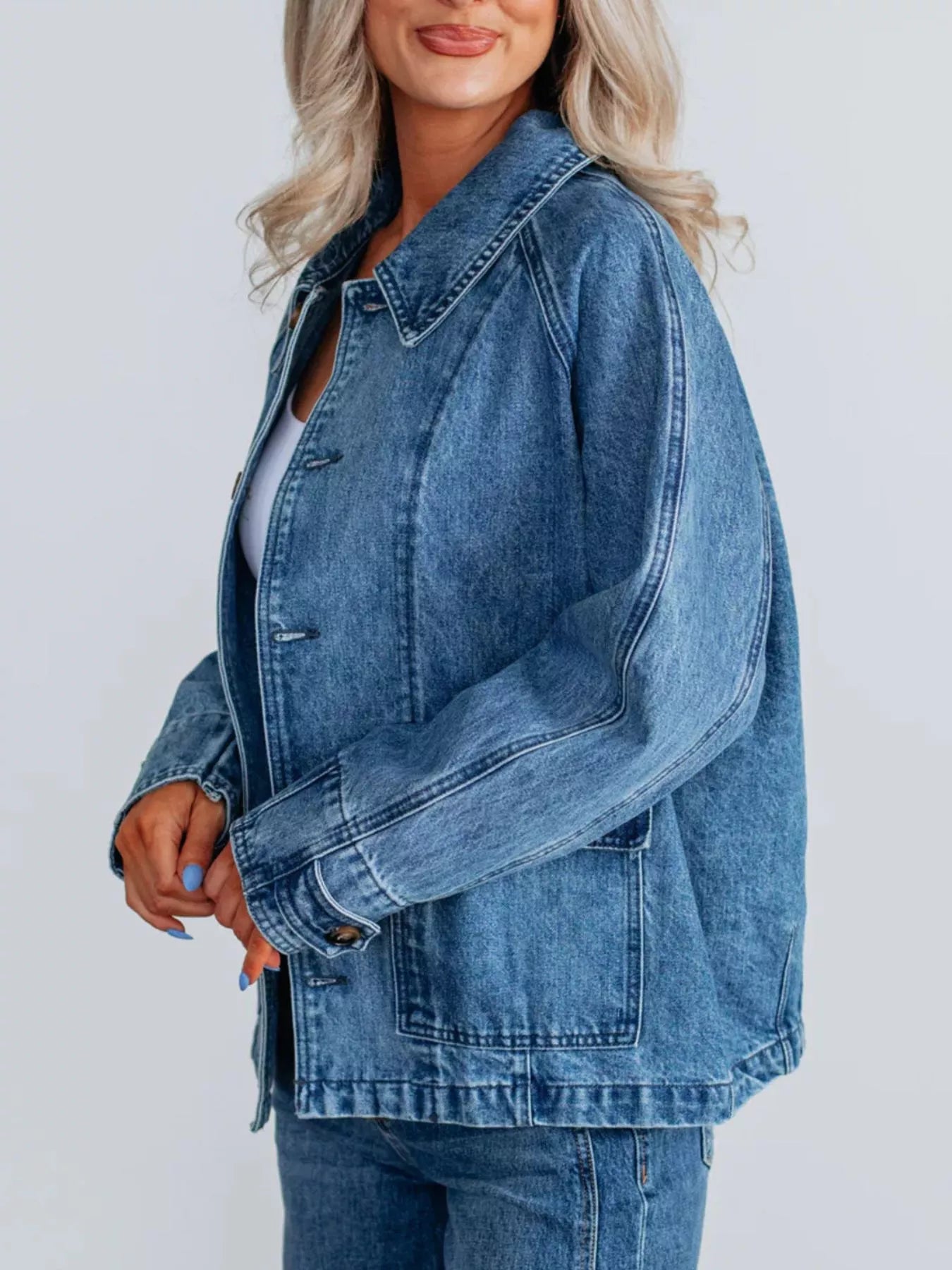Button Up Raglan Sleeve Denim Jacket OutfitFlow