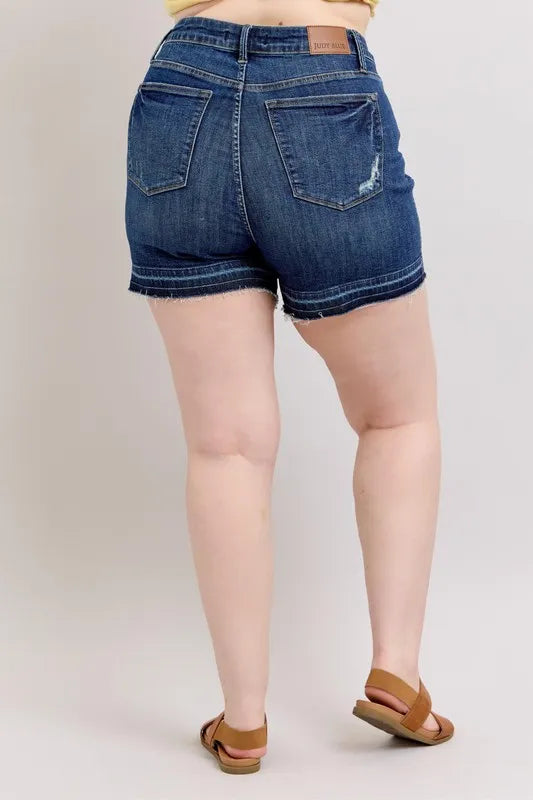 Judy Blue Full Size High Waist Tummy Control Destroy Release Hem Denim Shorts Plus Size OutfitFlow