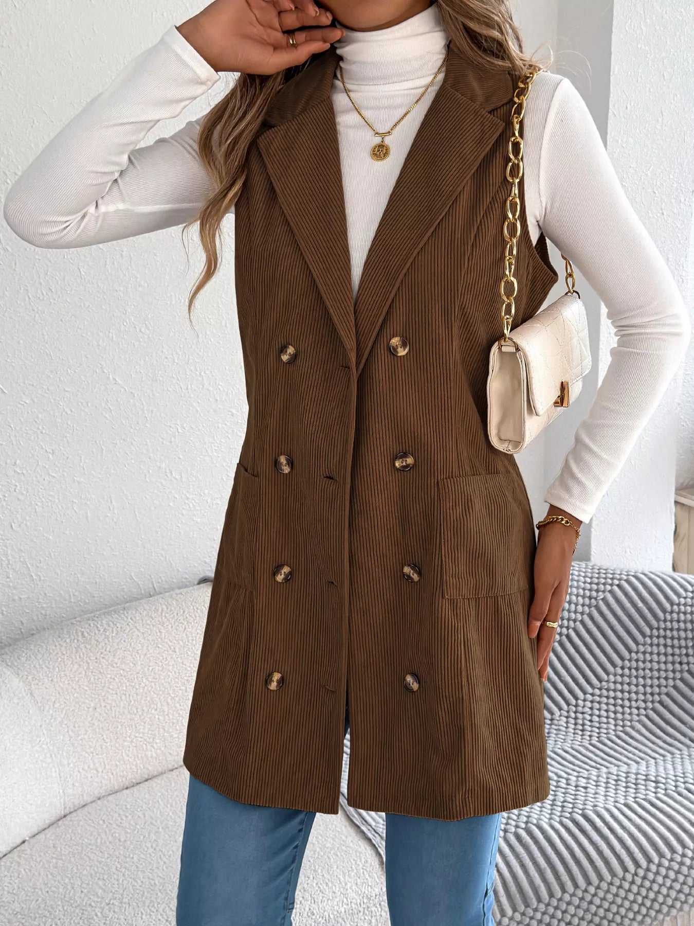 Double-Breasted Long Vest Coat Trendsi