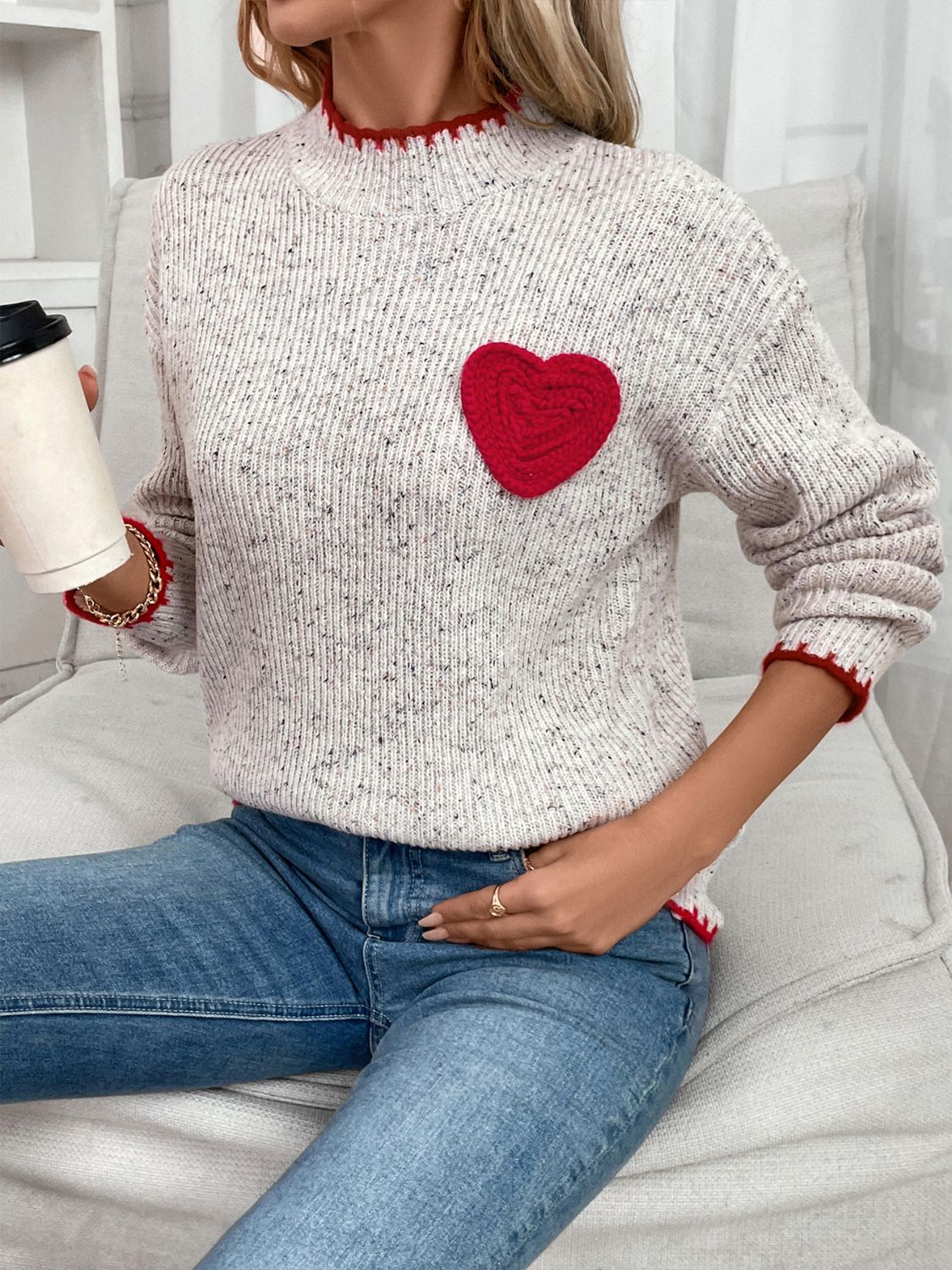 Outfit Flow - Perfee Contrast Heart Round Neck Long Sleeve Sweater