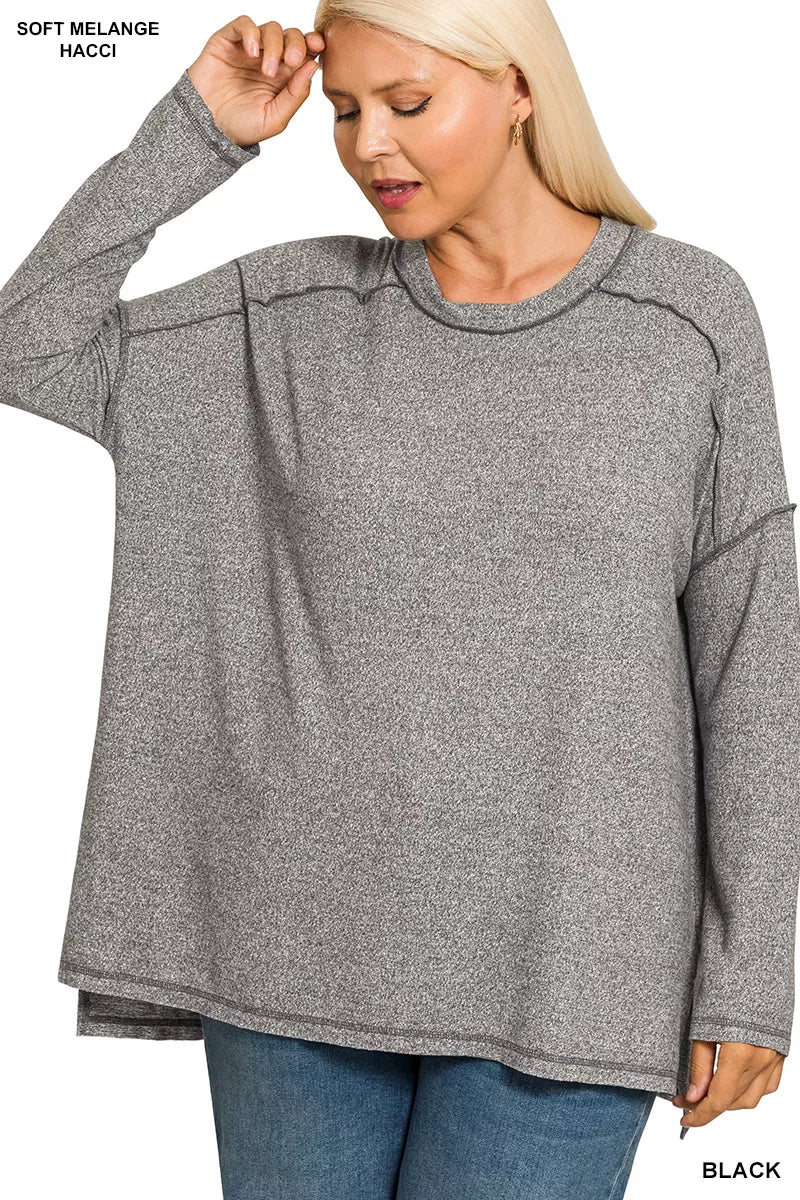 Zenana Full Size Melange Hacci Exposed Seam Hi-low Tee Plus Size OutfitFlow