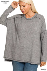 Zenana Full Size Melange Hacci Exposed Seam Hi-low Tee Plus Size OutfitFlow