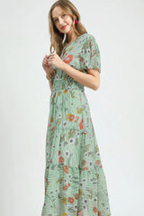 Umgee Smocked Waist Floral Short Sleeve Midi Dress OutfitFlow