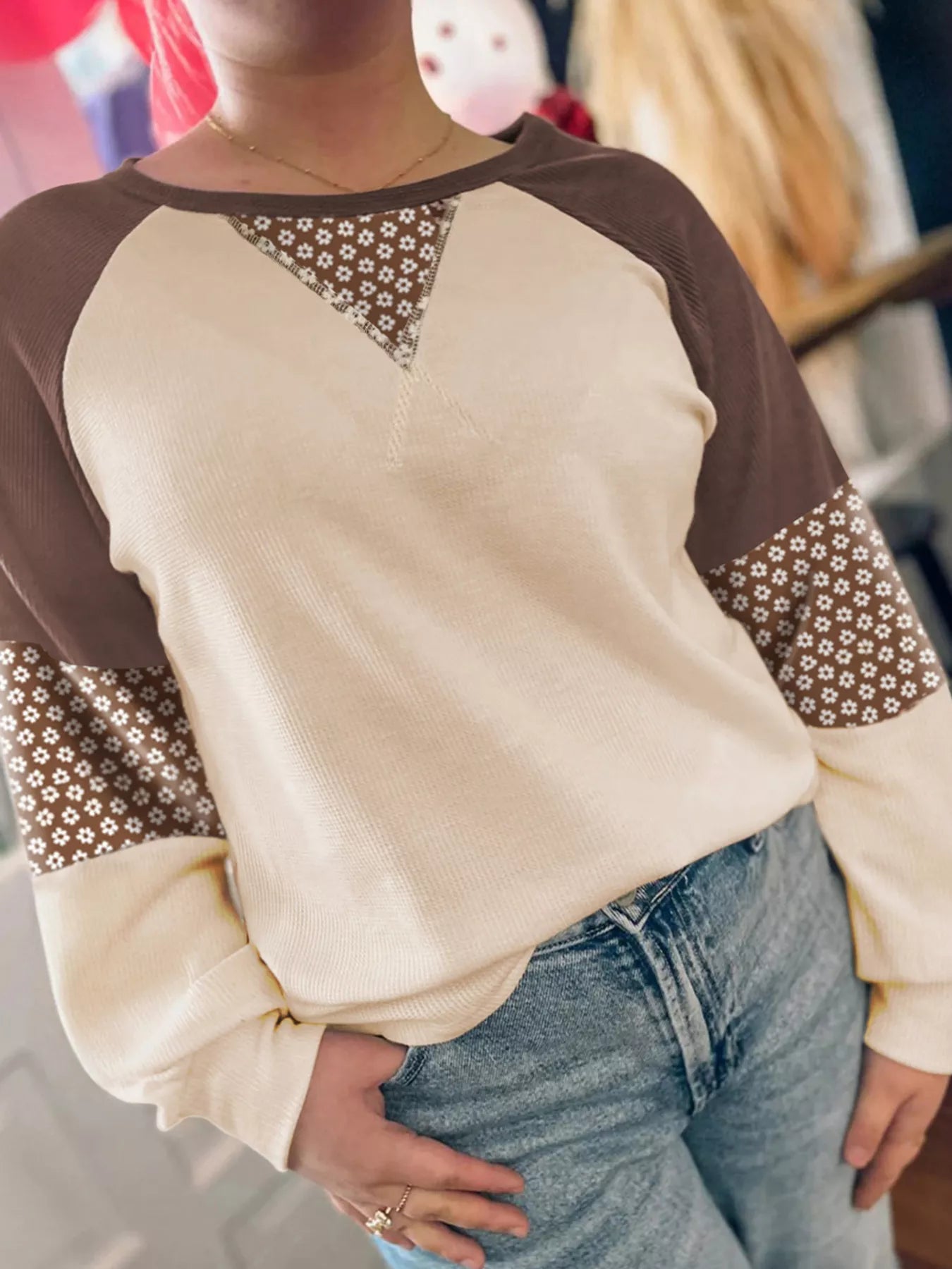 Floral Print Patchwork Color Block Long Sleeve Top Brown Trendsi