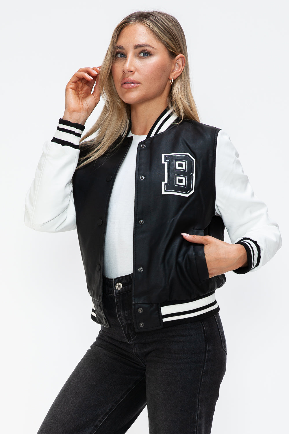 Outfit Flow - Love Me Now PU Leather Contrast Snap Down Bomber Jacket